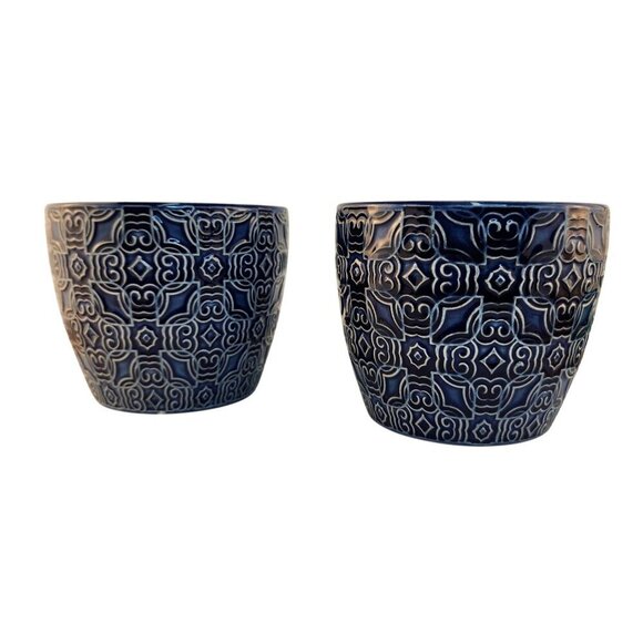 Blue Mediterranean Bell Ceramic Planter Decorative Set Of 2 Fits 4 Inch Pots Ind - Picture 9 of 9